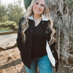 Women's Black Jacket with White Sherpa Collar